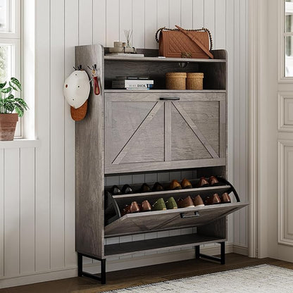 Shoe Storage Cabinet with 2 Flip Drawers, Narrow Wood Shoe Cabinet Storage for Entryway with Metal Legs & Hooks, Adjustable Shelves, Freestanding Shoe Rack Organizer for Foyer, Hallway, Grey