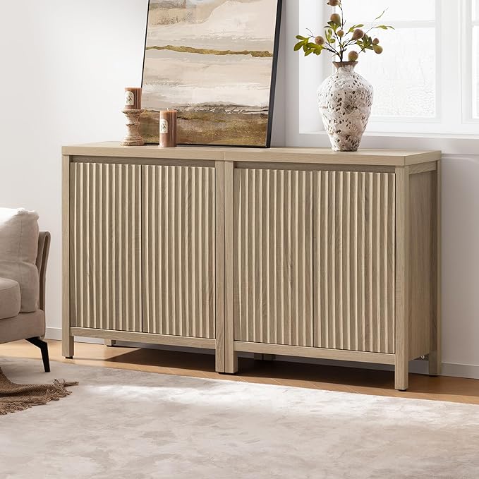 SICOTAS Sideboard Buffet Cabinet with Storage, Fluted Credenza Console Cabinet with Adjustable Shelves, Farmhouse Coffee Bar Storage Cabinets for Kitchen, Living Room, Entryway, Light Oak, 3 PCS