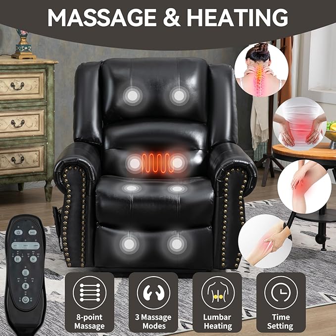 Luxlen Power Lift Recliner Chair for Elderly, Dual Motor Massage Recliner with Lumbar Heat, Heavy Duty Motion Mechanism Lift Chair with Charge Ports, Genuine Leather - Black