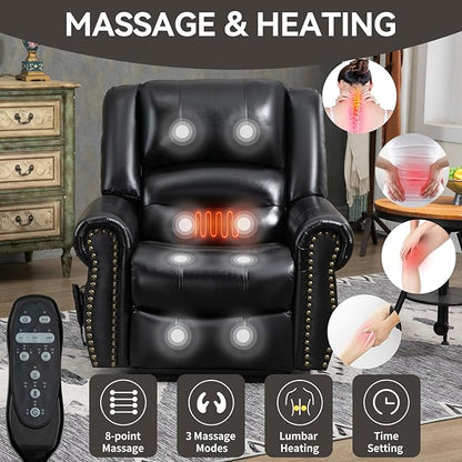 Luxlen Power Lift Recliner Chair for Elderly, Dual Motor Massage Recliner with Lumbar Heat, Heavy Duty Motion Mechanism Lift Chair with Charge Ports, Genuine Leather - Black