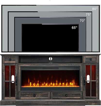 OKD Fireplace TV Stand for 80 Inch TV, Farmhouse Entertainment Center with 42" Fireplace & LED Lights, Modern Media Console Table with Storage Drawers & Cabinets for Living Room, Dark Rustic Oak