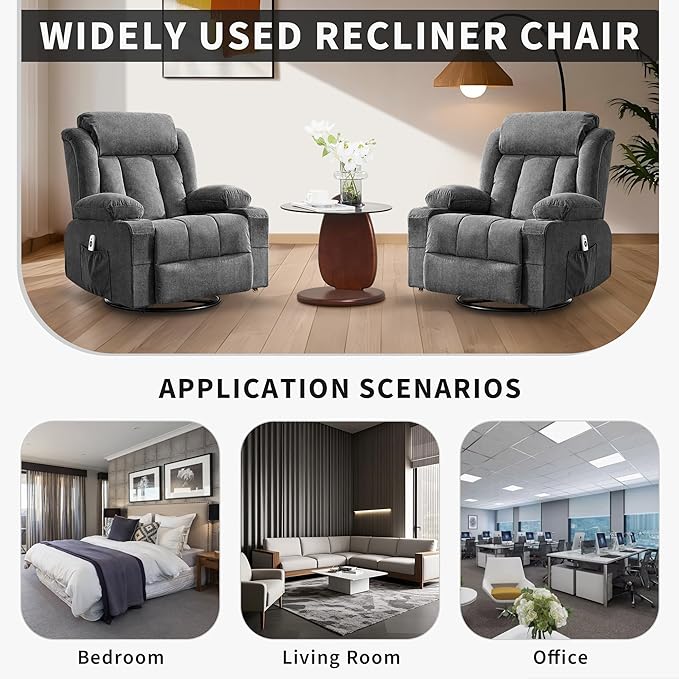 Rocking Recliner Chair with Heat and Massage, Nursery Recliner 360° Swivel Oversized Chairs for Adults, Lazy Boy Single Sofa Seat with 3 Positions, 2 Side Pockets, Cup Holders, and USB Ports, Grey