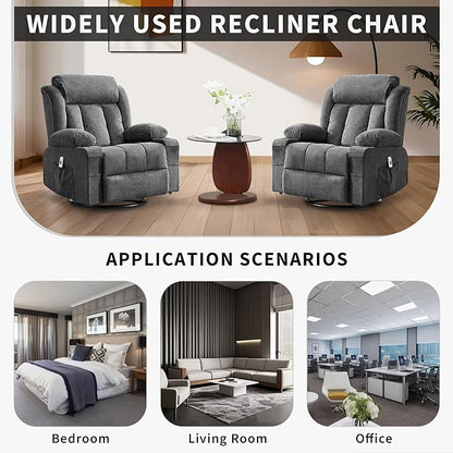 Rocking Recliner Chair with Heat and Massage, Nursery Recliner 360° Swivel Oversized Chairs for Adults, Lazy Boy Single Sofa Seat with 3 Positions, 2 Side Pockets, Cup Holders, and USB Ports, Grey