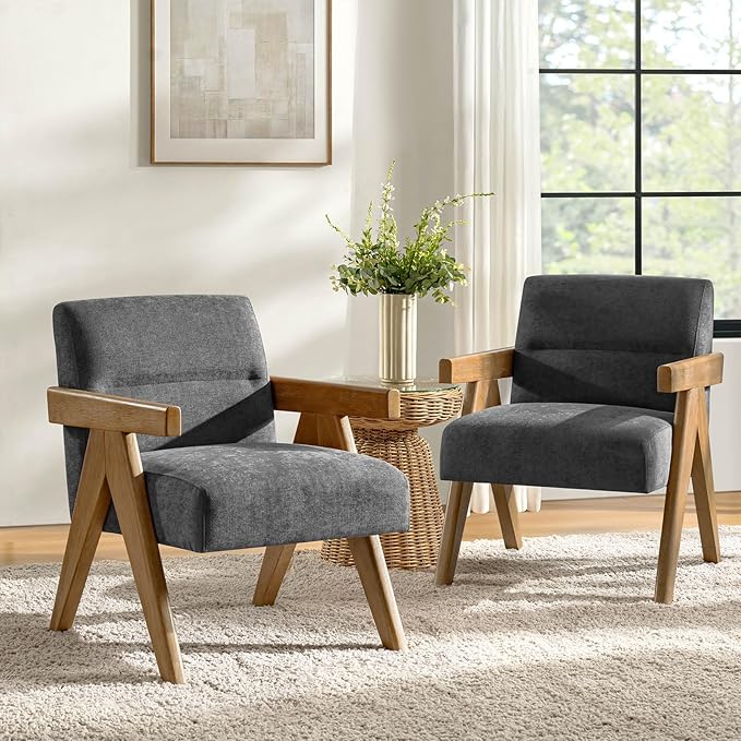 HULALA HOME Modern Accent Chair, Upholstered Arm Chair with Solid Wood Frame, Comfortable Padded Seat and Back, for Living Room, Bedroom Set of 2, Charcoal
