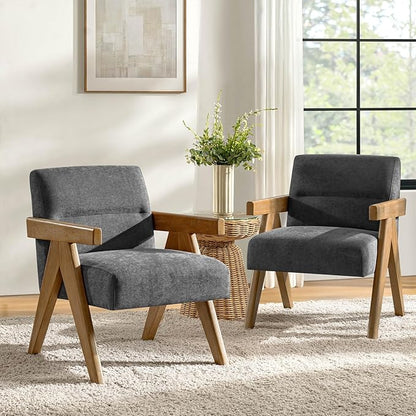 HULALA HOME Modern Accent Chair, Upholstered Arm Chair with Solid Wood Frame, Comfortable Padded Seat and Back, for Living Room, Bedroom Set of 2, Charcoal