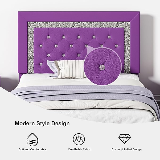 BarnFurin Twin Bed Frame with Headboard, Upholstered Bed with Diamond Tufted Design, No Box Spring Needed, Wooden Slats Support, Easy Assembly, Purple
