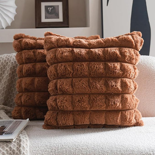 Neelvin Brown Faux Fur Cozy Soft Plaid Decorative Throw Pillow Covers 16x16 inch Set of 2,Velvet Pillowcase Cushion Case for Sofa Couch