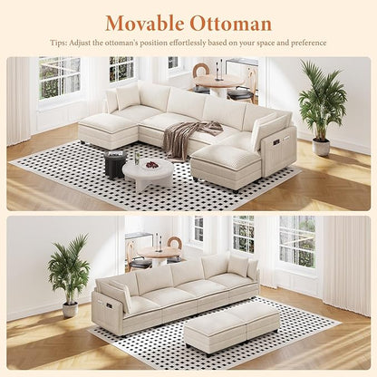 Vesgantti 143" U Shaped Sectional Modular Couch, Comfy Corduroy Upholstered Modular Cloud Sofas for Living Room, Modern Sectional Sofa with 2 Ottoman Deep Seat, Beige