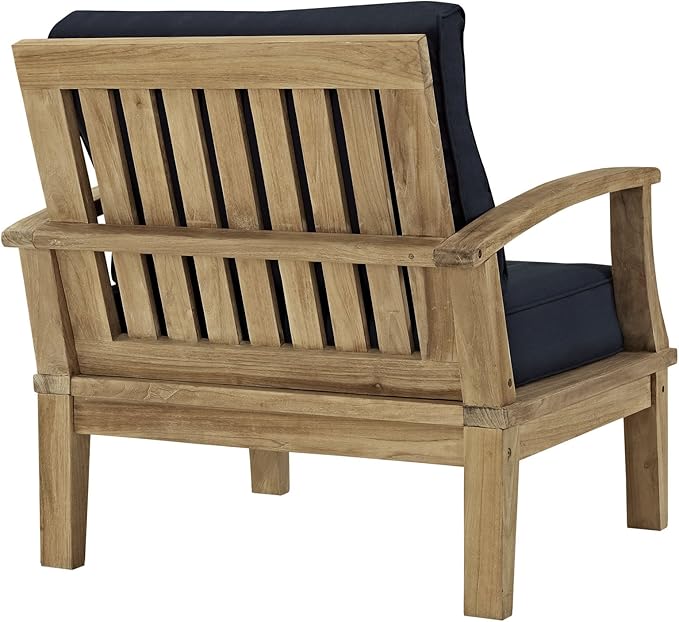 Modway Marina Premium Grade A Teak Wood 3-Piece Outdoor Patio Furniture Set in Natural Navy
