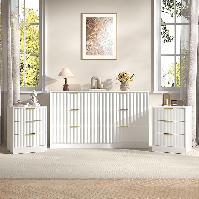 3-Piece Modern Bedroom Furniture Set, Wide 6-Drawer Dresser & 3-Drawer Nightstands Set of 2, Natural Wood Dresser and Nightstand Sets for Bedroom, Hallway, White