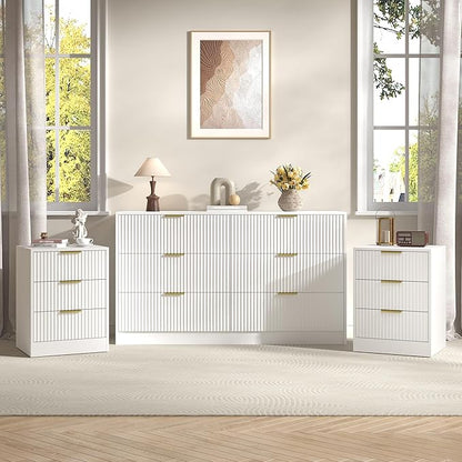 3-Piece Modern Bedroom Furniture Set, Wide 6-Drawer Dresser & 3-Drawer Nightstands Set of 2, Natural Wood Dresser and Nightstand Sets for Bedroom, Hallway, White
