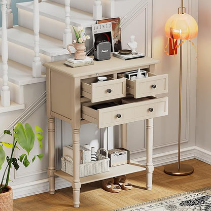 Knocbel Slim Antique Entry Console Table with 3 Drawers & Bottom Open Shelf, Solid Wood Narrow Sofa Couch Table for Entryway Hallway Living Room 23.7" W x 13" D x 31.4" H Beige
