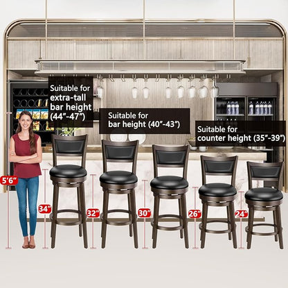PrimeZone Swivel Bar Stools Set of 8, 24 Inch Counter Height Barstools, Black Faux Leather Bar Stool with High Backrest & Solid Wood Legs & Wrap-around Footrest, Counter Stools for Kitchen Island, Pub