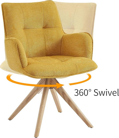 Art Leon Mid Century Modern Swivel Accent Chair - Home Office Desk Chair No Wheels, Fabric Upholstered Armchair with Oak Wood Legs for Small Space Living Room Bedroom, Yellow