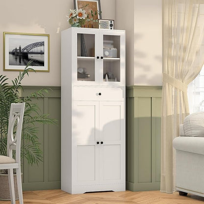 Tall Bathroom Storage Cabinet with Glass Doors, 67" Tall Freestanding Linen Cabinet with Adjustable Shelves, Floor Standing Organizer for Bathroom, Living Room, Kitchen, (White)