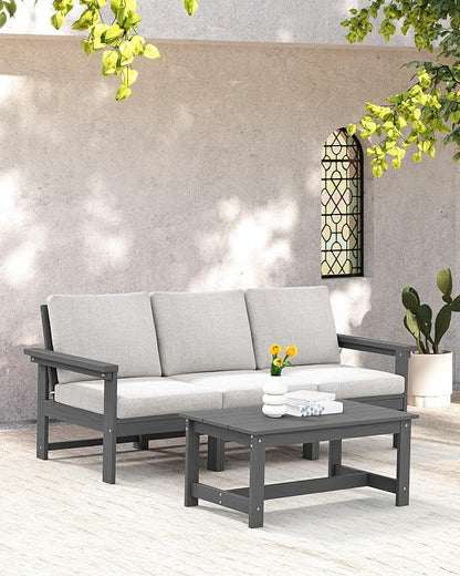 SERWALL HDPE Patio Sofa Set, 4-Piece Sectional Outdoor Furniture Set, All Weather Outdoor Couch Set Patio Furniture Set for Deck, Lawn, Grey Frame with Khaki Cushion