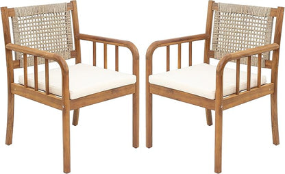 Christopher Knight Home Vera Outdoor Dining Chairs Set of 2, Acacia Wood Dining Chairs, Rattan Woven Back Armchair, Armchair with Cushion Seat, Patio Chair for Poolside Garden Balcony, Teak+Cream
