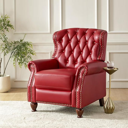 HULALA HOME Genuine Leather Recliner Chair Set of 2 w/Solid Wood Feet, Modern Adjustable Tufted Push Back Arm Chair w/Rivet Decoration, Home Theater Seating Reclining Sofa for Living Room, RED