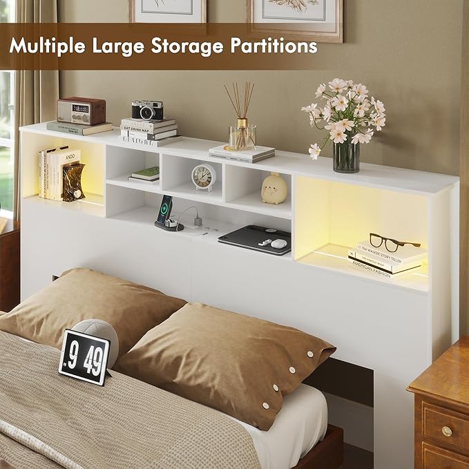 Apicizon 65" Queen Size Storage Headboard, Wood Headboard with Charging Station, Queen with Power Outlets, Ajustable LED Lights for Bedroom, White