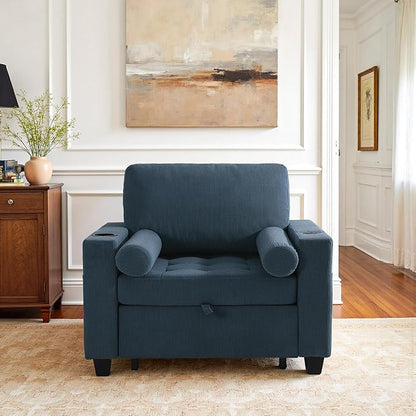 Convertible Sleeper Chair Bed, Comfy Corduroy Single Futon Sofa Chair with Pull Out Bed, 3-Levels Adjustable Backrest Accent Chair with Side Pockets, Cup Holder & USB Ports for Living Room, Bedroom