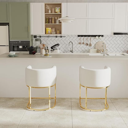 Contemporary Cream Velvet Bar Stools Set of 2, 24" Upholstered Fabric Counter Height Barstools Kitchen Counter Island Stools with Screwed Together Golden Metal Base