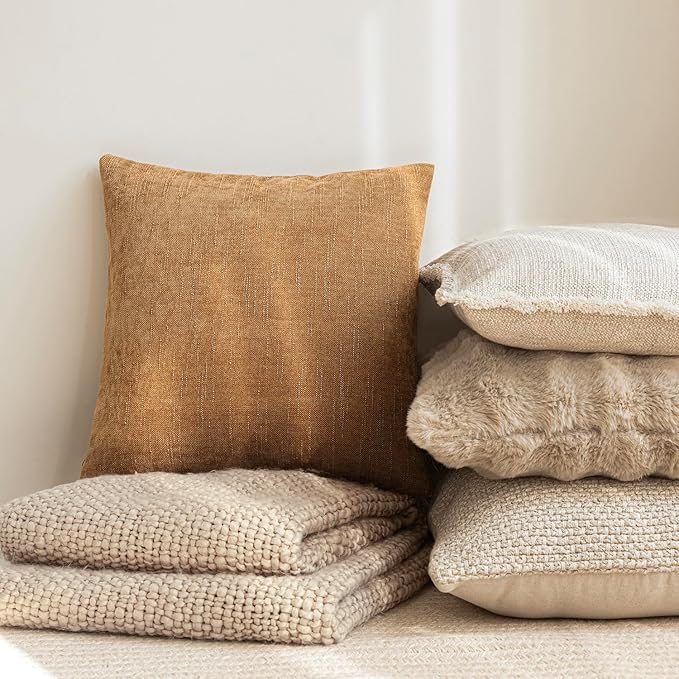 Foindtower Set of 2 Soft Textured Chenille Throw Decorative Pillow Covers Square Accent Solid Cushion Cover Neutral Farmhouse Pillow Case for Couch Sofa Bedroom Living Room 18x18 Inch,Golden Brown