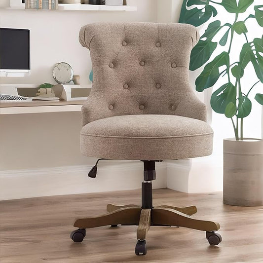 HUIMO Home Office Chair Upholstered Armless Linen Fabric Desk Chair with Wheels Adjustable Height Computer Desk Chair with Wooden Legs No Arms Swivel Chairs for Farmhouse Women Study Studio (Brown)
