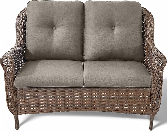 Patio Loveseat Outdoor Wicker Sofa - Heavy Duty All-Weather Brown Rattan 2-Person Sofas with High Back and Comfortable Thick Cushions for Garden Back Porch Poolside Apartment - Grey