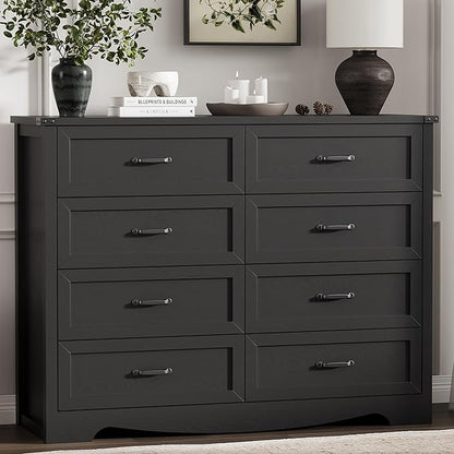 Dresser for Bedroom with 8 Drawers, 54" Wide Wood Chest of Drawers with Deep Drawers & Mental Handle, Modern Dresser TV Stand, Wooden Closet Storage Organizer for Living Room, Hallway, Entryway, Black