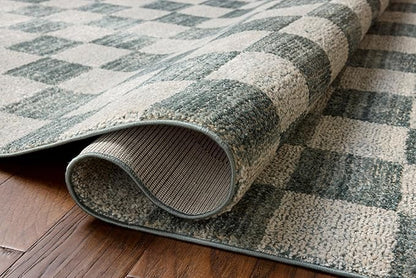 Loloi Chris Loves Julia Calvin Collection CLV-01 Blue/Ivory 6'-3" x 9'-6" Area Rug Checkered Neutral Soft Living Room Bedroom Carpet