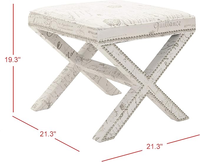 SAFAVIEH Home Collection Palmer Eggshell & French Writing with Silver Nailhead Trim X-Bench Ottoman Foot Stool, Fully Assembled (MCR4589J)