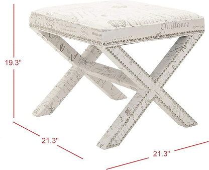 SAFAVIEH Home Collection Palmer Eggshell & French Writing with Silver Nailhead Trim X-Bench Ottoman Foot Stool, Fully Assembled (MCR4589J)