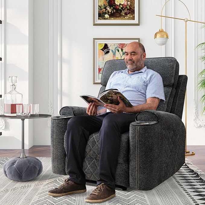 Electric Recliner Chair, Soft Fabric Power Recliners with Metal Cup Holders, Single Overstuffed Heavy Duty Reclining Sofa Chairs for Living Room Bedroom, Dark Grey
