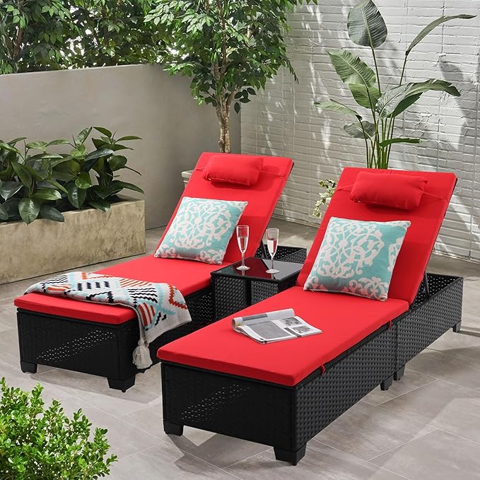 3 PCS Patio Chaise Lounge with Coffee Table Cushion&Pillow Outdoor Lounge Chair Chaise Lounger Patio Reclining Chair 5 Angle Adjustment Black PE Rattan for Courtyards Poolside Garden(red)