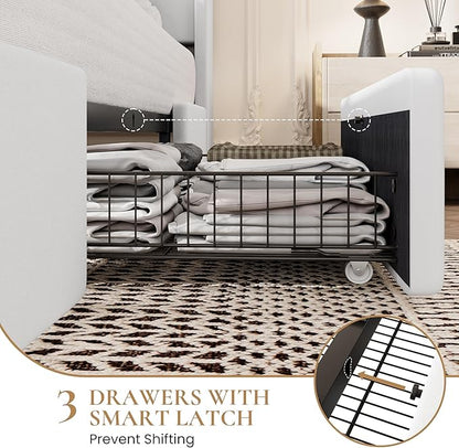 SHA CERLIN King Size Bed Frame with 3 Drawers, USB & Type-C Charging Ports, Velvet Upholstered Platform Bed with Modern Geometric Wingback Storage Headboard, No Box Spring Needed, Easy Assembly, White