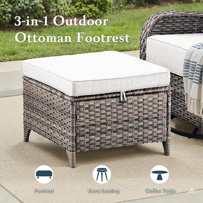 Belord Luxury 6" Thick Cushioned 10 Pieces Patio Furniture Set with Fire Pit Table, Wicker Outdoor Conversation Set with High Back Swivel Rocker Chairs for Deck Porch Yard and Poolside - Grey+Beige