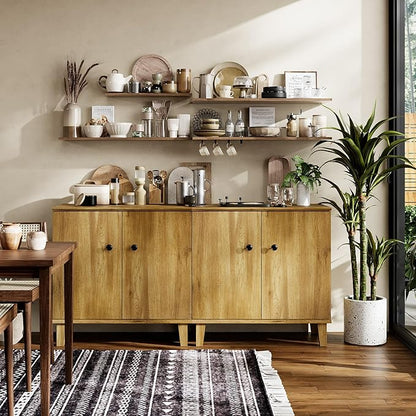 Modern Storage Cabinet 2 in 1 Buffet Storage with Wood Legs and Adjustable Shelf for Dinnig Room Living Room Entryway, Brown Oak