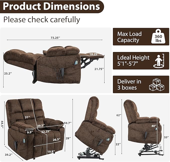 Oversized Zero Gravity Power Lift Recliner Chair for Elderly Adults Big Man Electric Lay Flat Recliner Triple Motor with Heat and Massage, Adjustable Seat Height, Arm Storage, Cup Holder