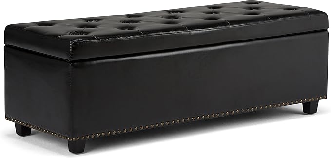 SIMPLIHOME Hamilton 48 inch Wide Transitional Rectangle Storage Ottoman in Midnight Black Vegan Faux Leather, Assembled, For the Living Room, Entryway and Family Room