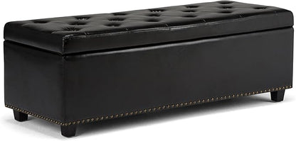 SIMPLIHOME Hamilton 48 inch Wide Transitional Rectangle Storage Ottoman in Midnight Black Vegan Faux Leather, Assembled, For the Living Room, Entryway and Family Room