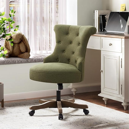 HUIMO Home Office Chair Upholstered Armless Desk Chair with Wheels Adjustable Height Computer Desk Chair with Wooden Legs Comfortable Swivel Chair for Home Office Study Studio (Green)