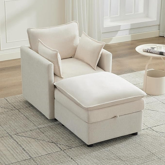 30" Cloud Modular Single Sofa Chair with Storage Ottoman, Modern Upholstered Accent Chair with Storage, Chenille Reading Lounge Armchair for Living Room, Bedroom, Small Space, Beige