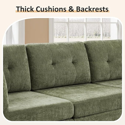 VANOMi 6 Seat Cloud Couches for Living Room with 2 Ottomans, 118" Convertible Modular Sectional Sofa Bed, Comfy Chenille Sofas & Couches for Living Room, Apartment, Office, Olive Green, Large Sofa Bed