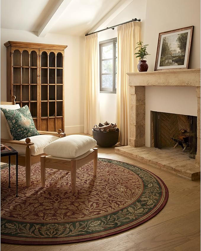 RUGGABLE x Morris & Co Machine Washable Christmas Area Rug– Acorn Amber Red 6 ft Round, Stain-Resistant, Non-Slip – Medium Rugs for Living Room, Bedroom, Hallway, Entryway & Office–with Cushioned Pad