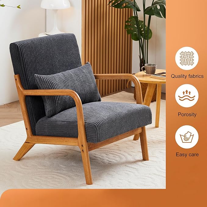 Accent Chairs, Set of 2 Mid-Century Modern Chair with Pillow, Armchair with Solid Wood, Reading Relaxing Leisure Chair for Living Room,（Grey）