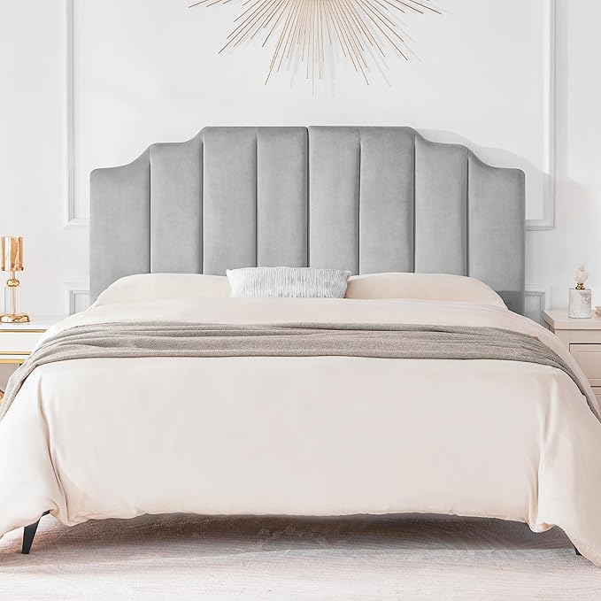 Tufted Headboard, Comfort Velvet Upholstered Headboard, Modern Vertical Channel Design, King Size Bed Compatible, Easy Assembly，Soft Grey