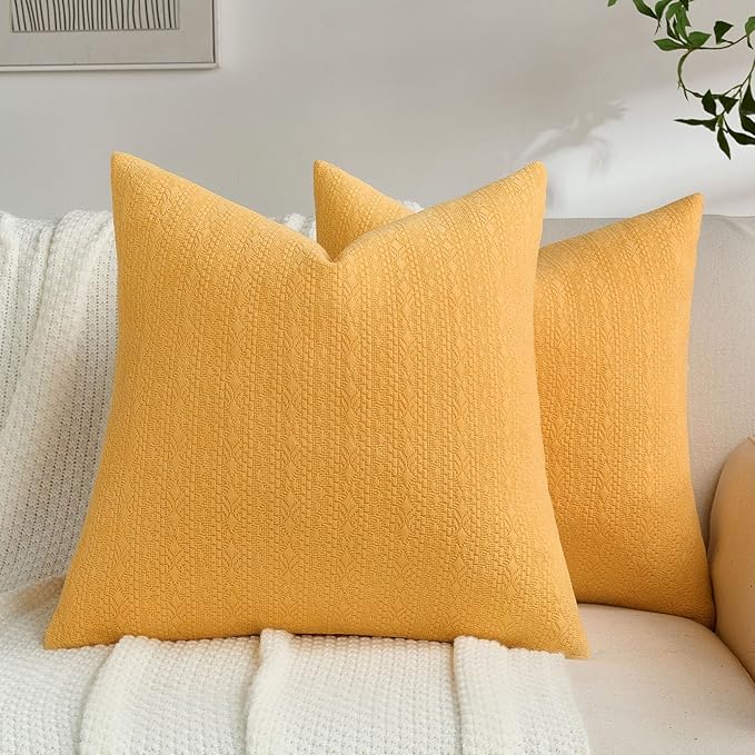 FUTEI Mustard Yellow Chenille Throw Pillow Covers 20x20 Inch Set of 2,Soft Striped & Diamond Textured Cushion Cases,Modern Home Decor for Couch Living Room
