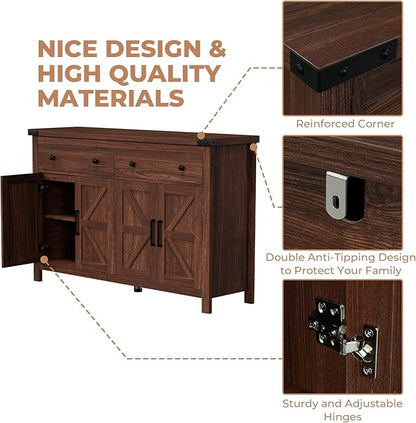 Buffet Cabinet with Storage Farmhouse with 4 Doors and 2 Drawers, 55'' Large Kitchen Storage Cabinet Cherry Wood Coffee Bar Buffet Sideboard for Kitchen, Dining Room, Living Room