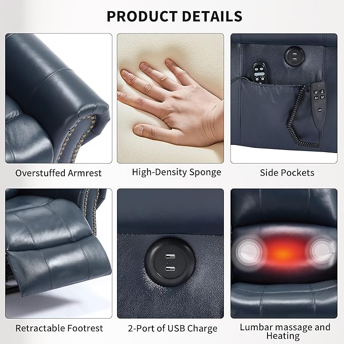Recliner Chairs for Adults, Oversized Bedroom Chair with Massage, Sofa Chair Home Theater Seating with Lumbar Support, Lift Chair for Elderly, Nursery Chair for Living Room (Genuine Leather)