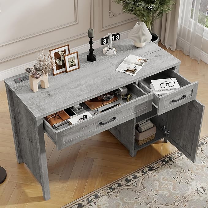 Farmhouse 47" Executive Desk, Computer Desk with Drawers and Storage Cabinet, Workstation Computer Desk for Home Office and Study(Grey